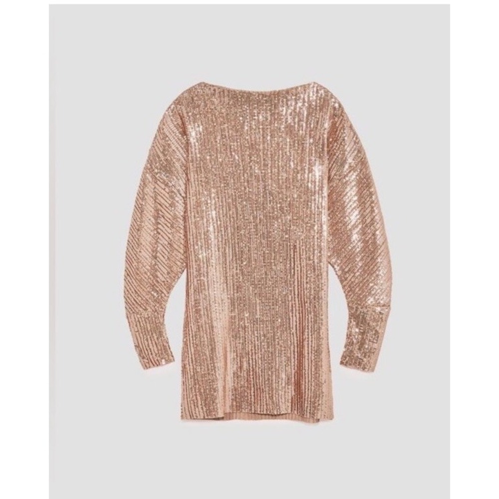 Zara Women's Medium Sequin Rose Gold Long Sleeve Shirt Dress Holiday‎ HOCO